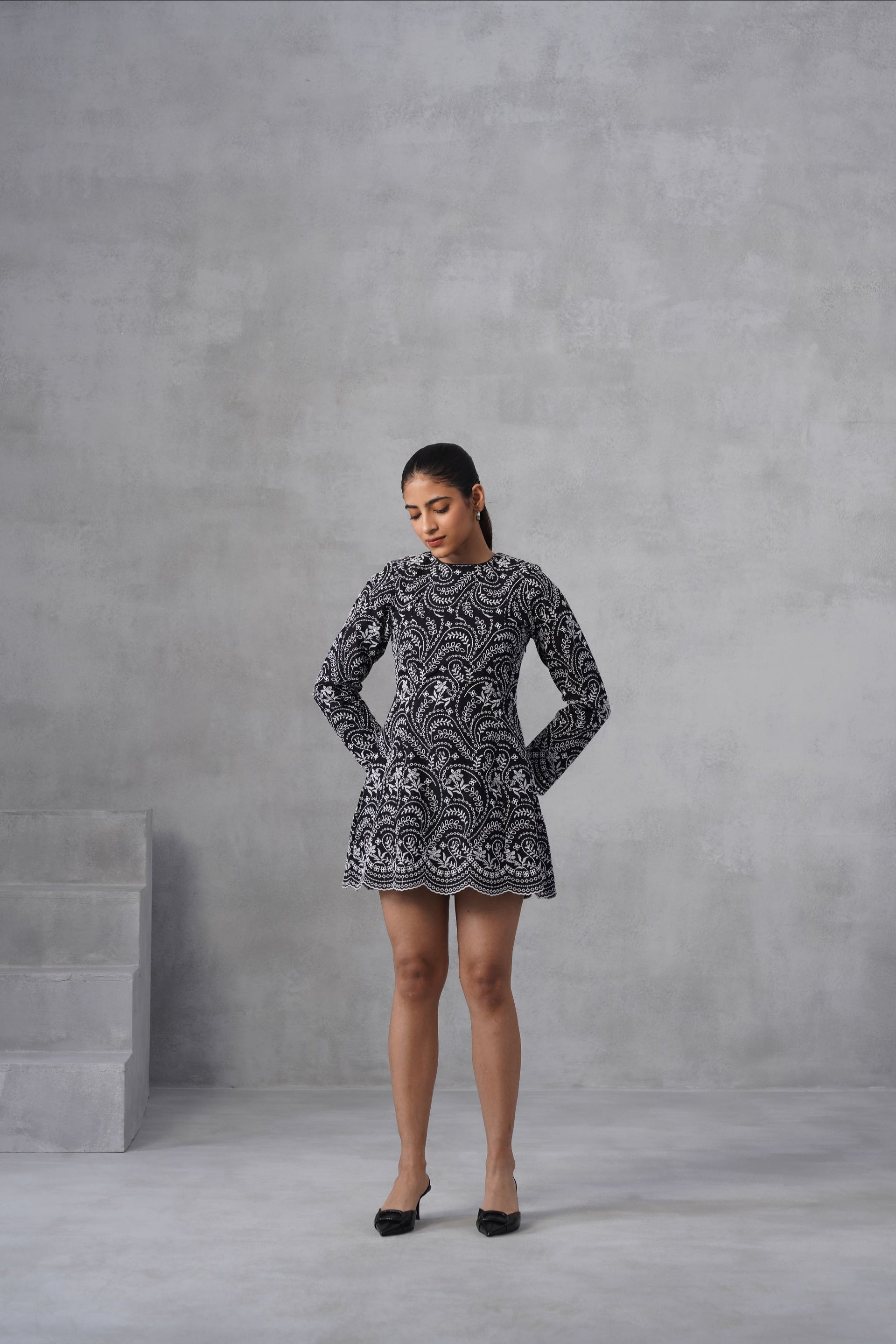 White Thread Embroidered Dress