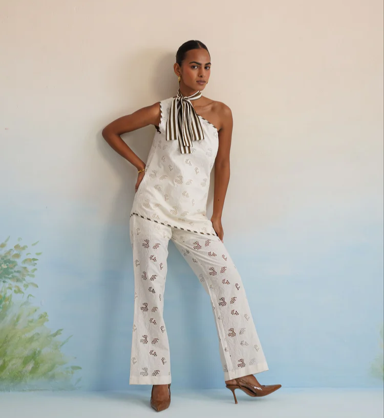 Bulevar Blossom - The Santorini One-Shoulder Cutwork Pant Set