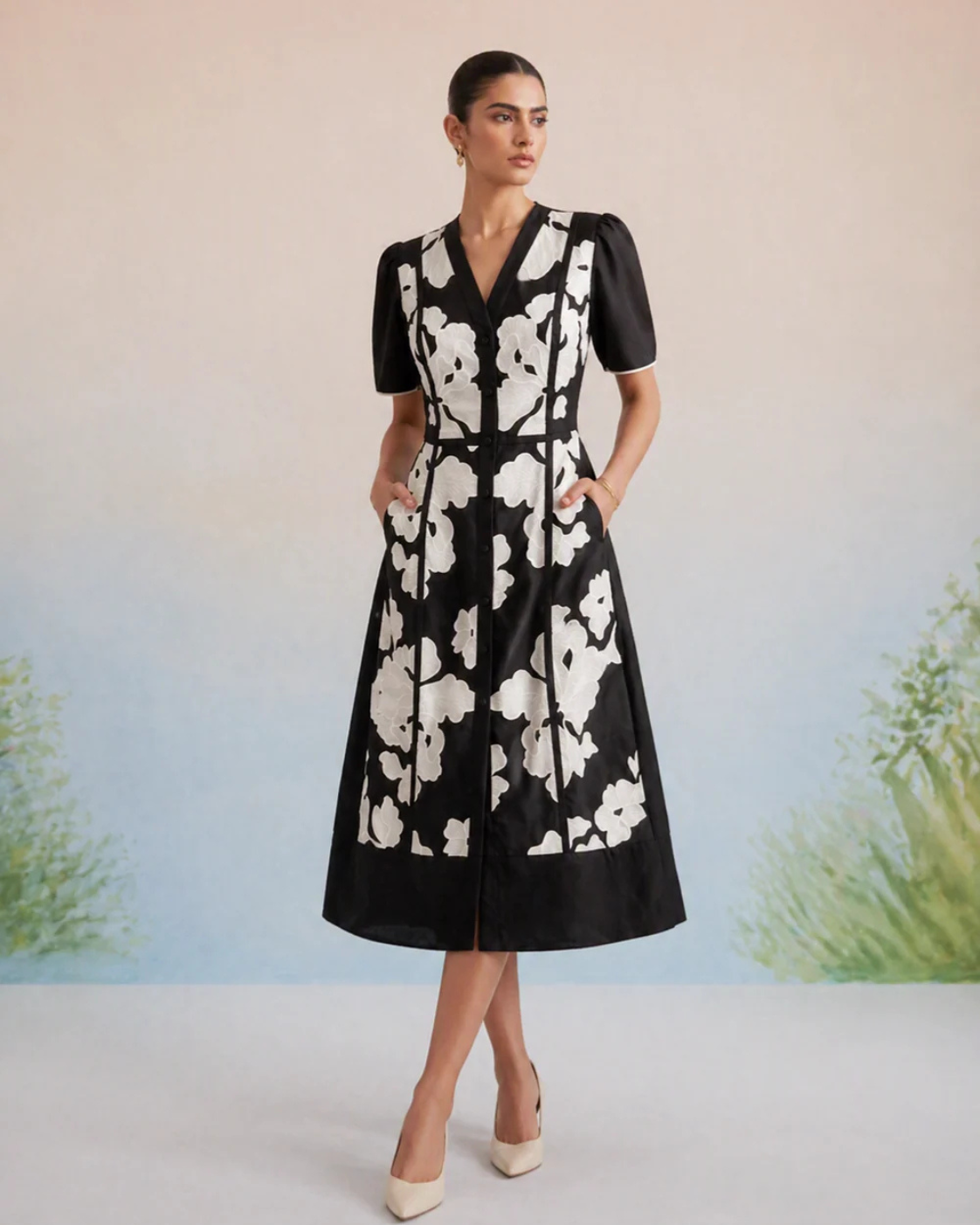 The Verona Monochrome Floral Appliqué Dress | 24-Hr Dispatch