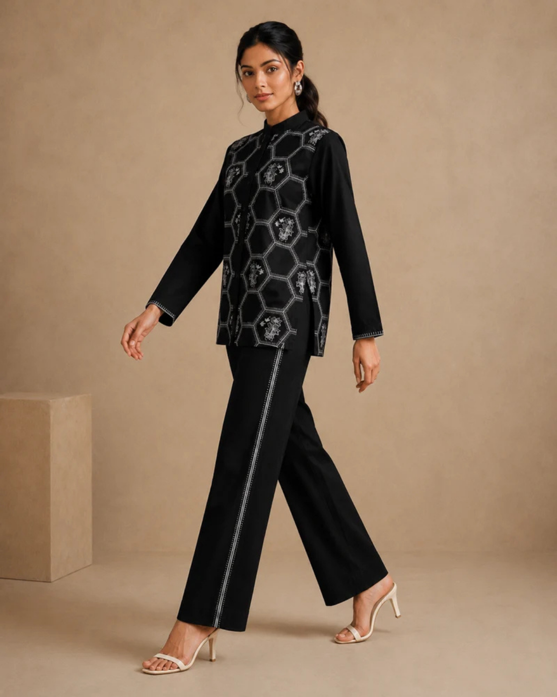 Sunset Soiree - The Onyx Geometric Floral Shirt Set