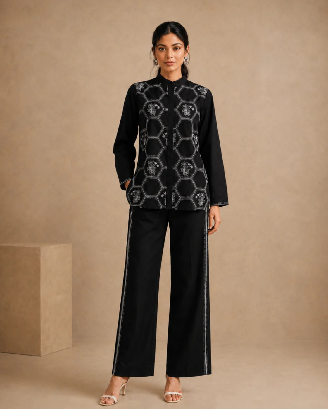 Sunset Soiree - The Onyx Geometric Floral Shirt Set