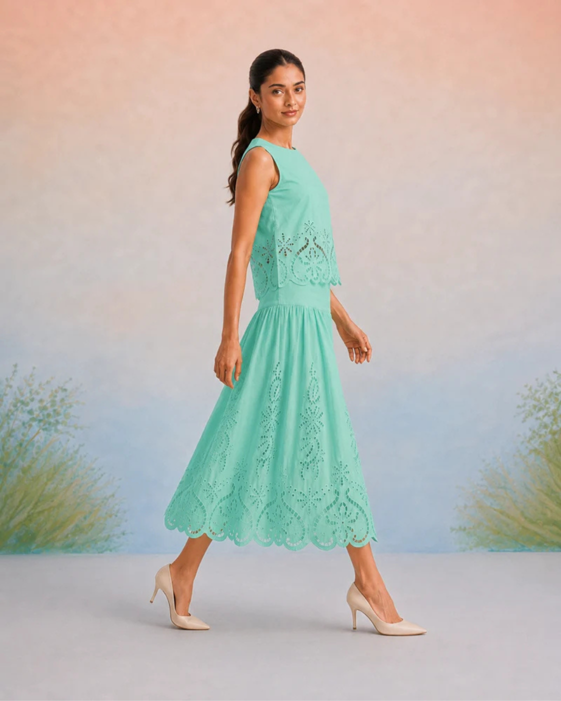 The Amalfi Mint Cutwork Skirt Set