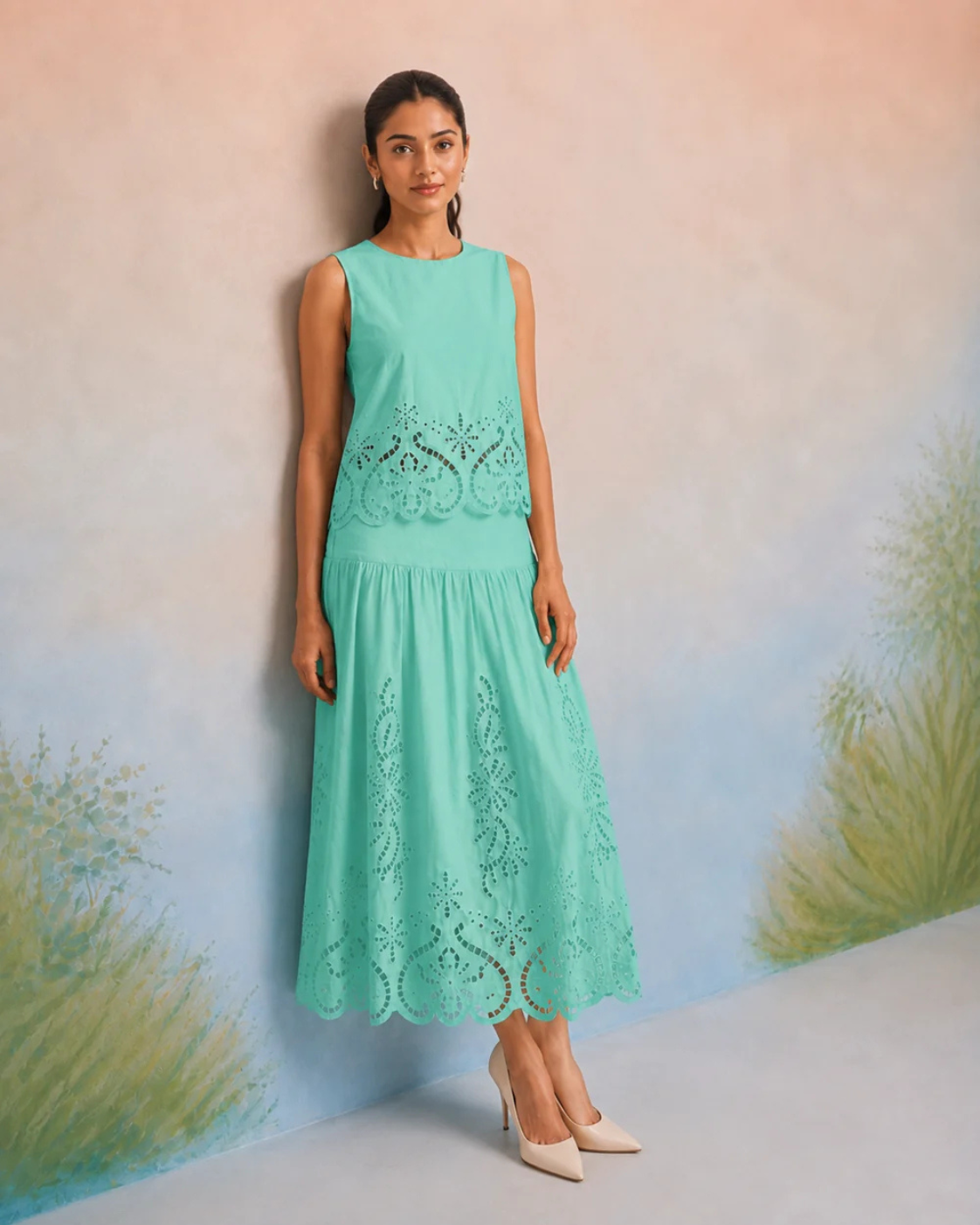 The Amalfi Mint Cutwork Skirt Set
