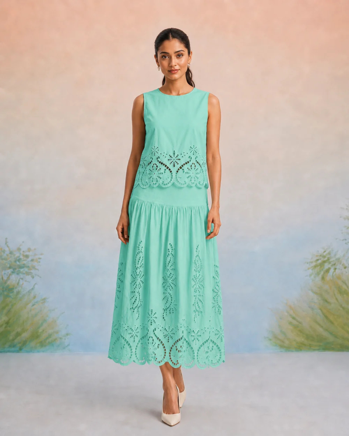 The Amalfi Mint Cutwork Skirt Set