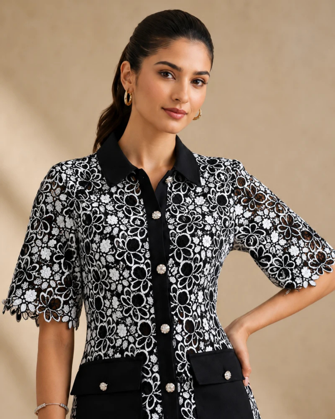The Chloe Monochrome Cutwork Mini Dress