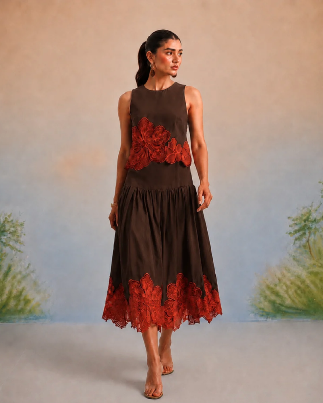 Bulevar Blossom - The Valencia Espresso & Terracotta Appliqué Skirt Set