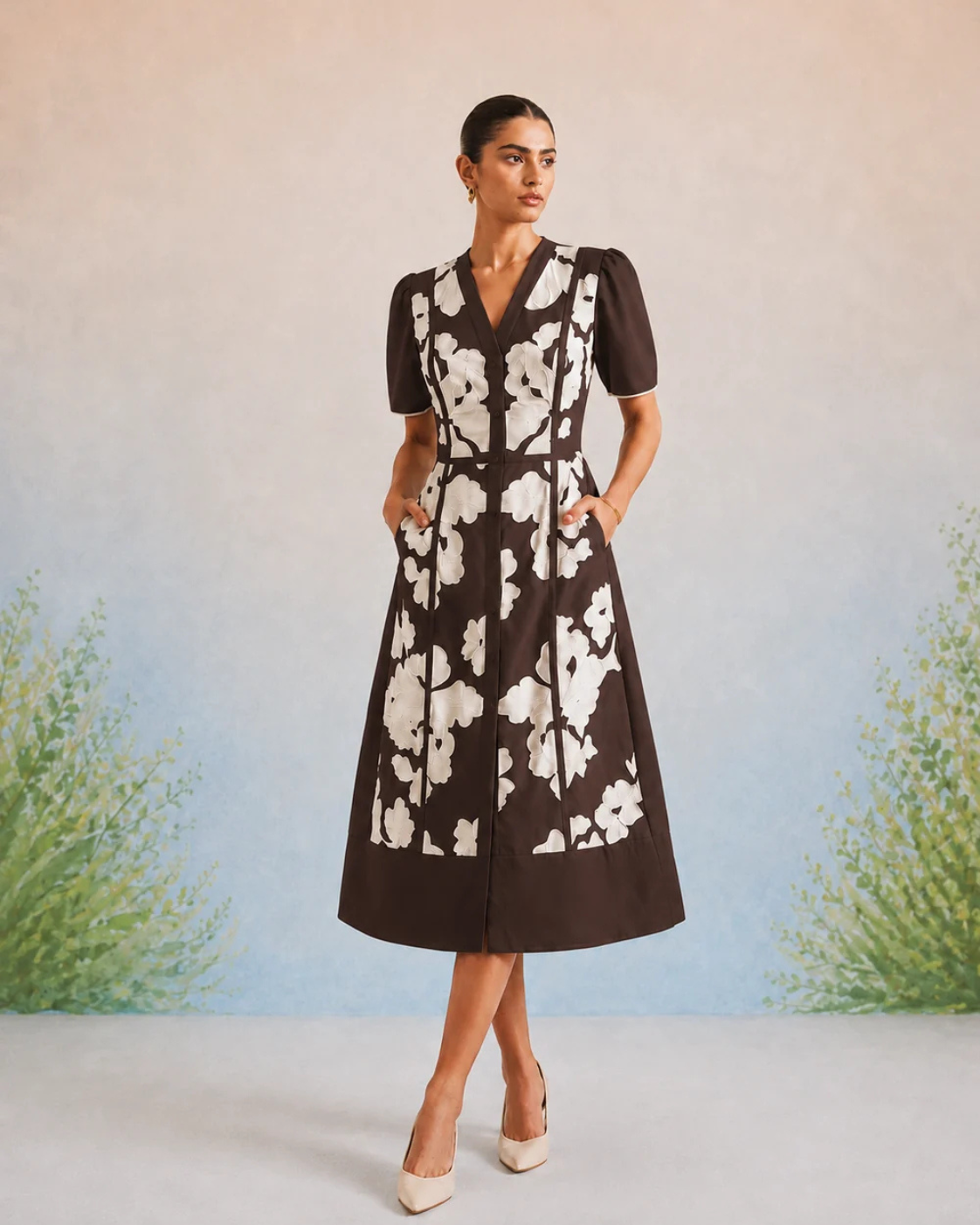 The Arye Espresso Appliqué Midi Dress