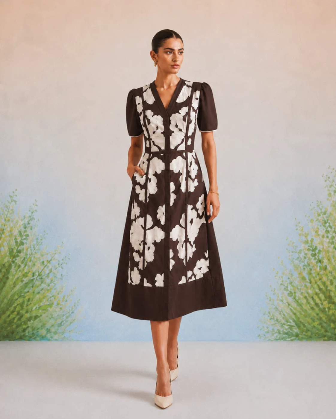 The Arye Espresso Appliqué Midi Dress