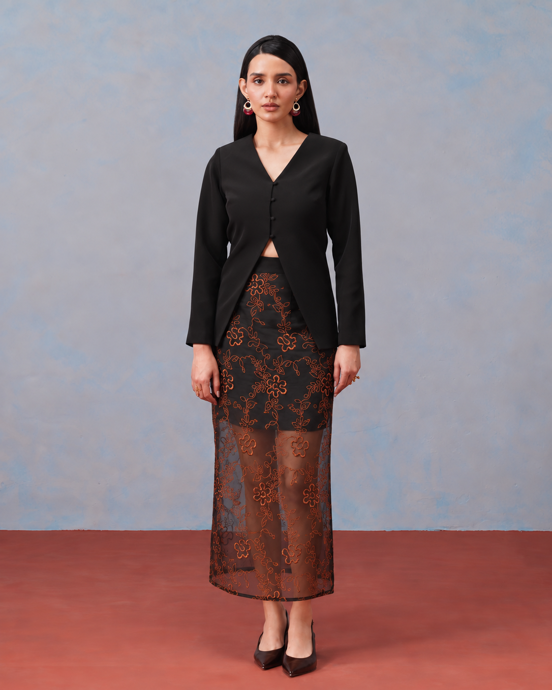 The Lumière Edit - The Isolde Bronze Floral Illusion Skirt & Cutaway Jacket Set