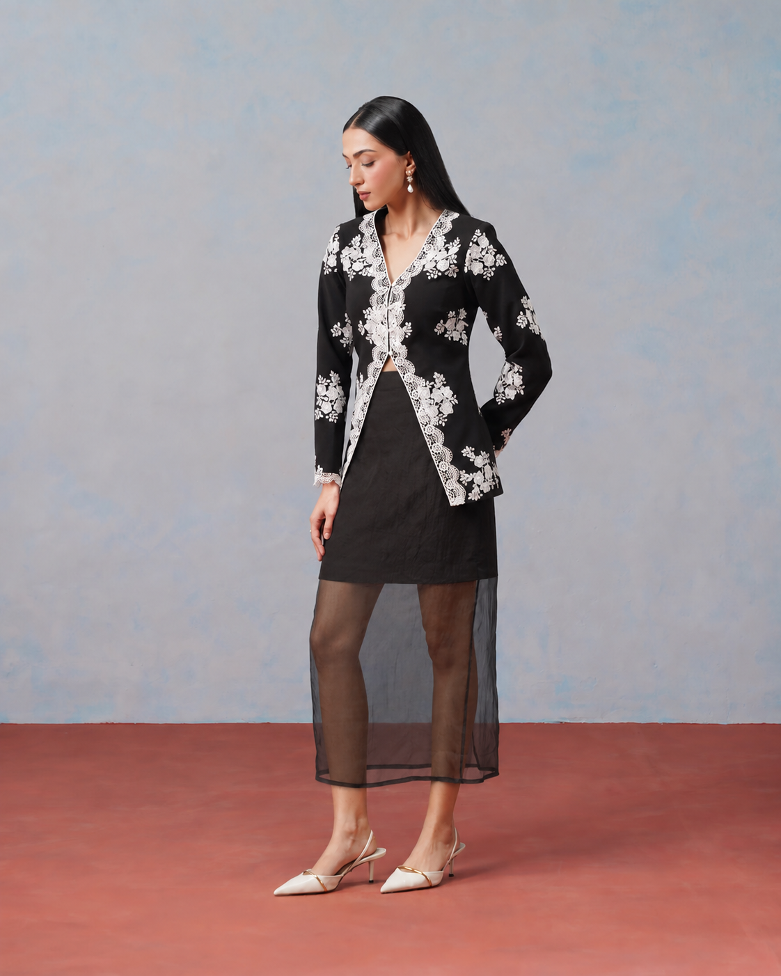 The Lumière Edit - The Odette Floral Lace Cutaway Jacket & Illusion Skirt Set