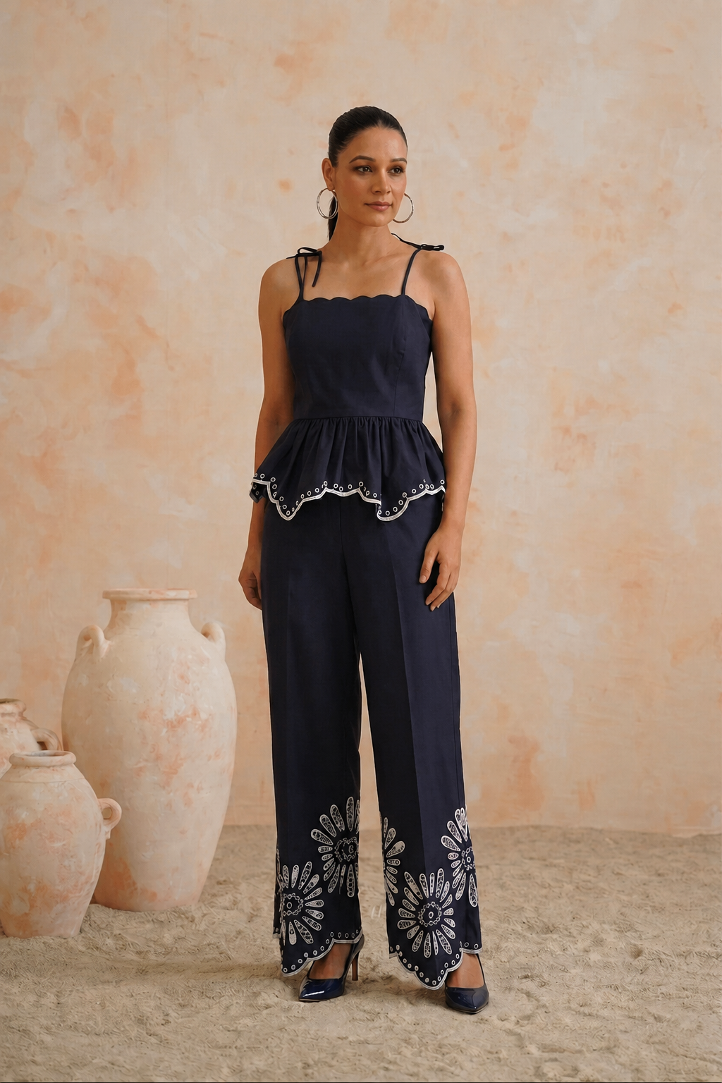 Tropical Oasis - The Arye Navy Embroidered Peplum Co-ord Set
