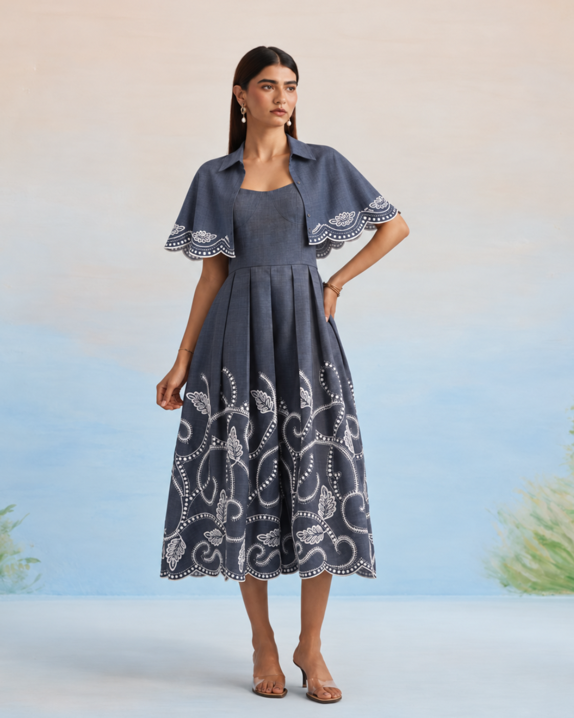 The Indigo Vine Embroidered Cape & Midi Dress Set