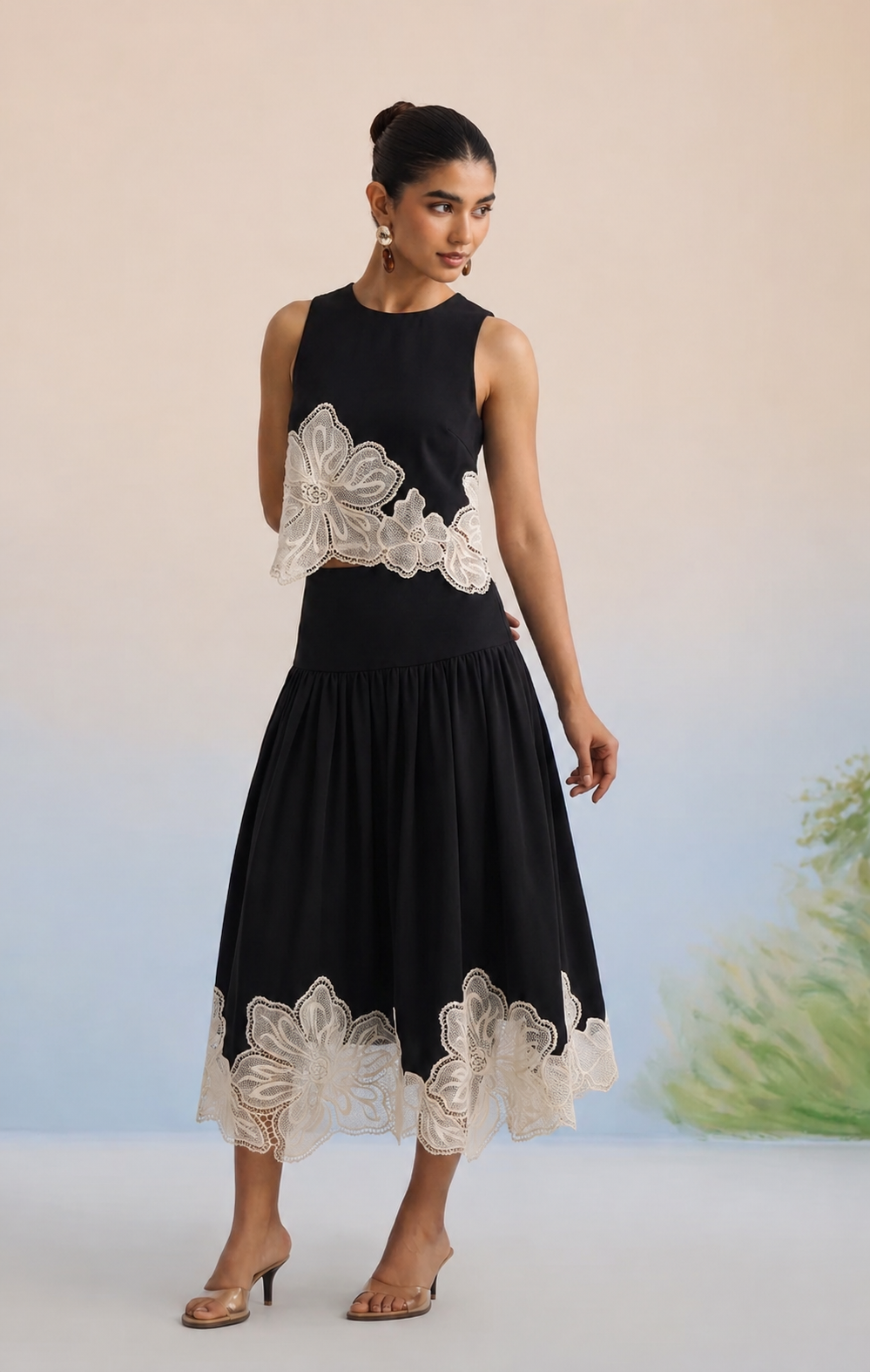 The Vienna Black Floral Appliqué Skirt Set