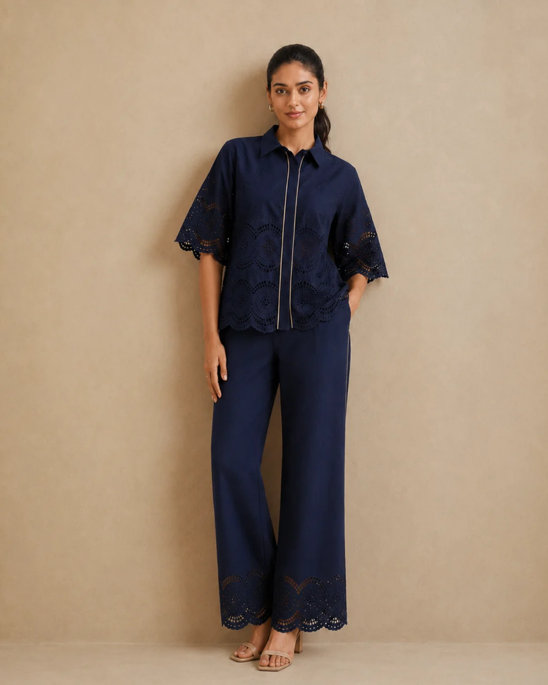 Sunset Soiree - The Marlowe Navy Eyelet Shirt & Trouser Set