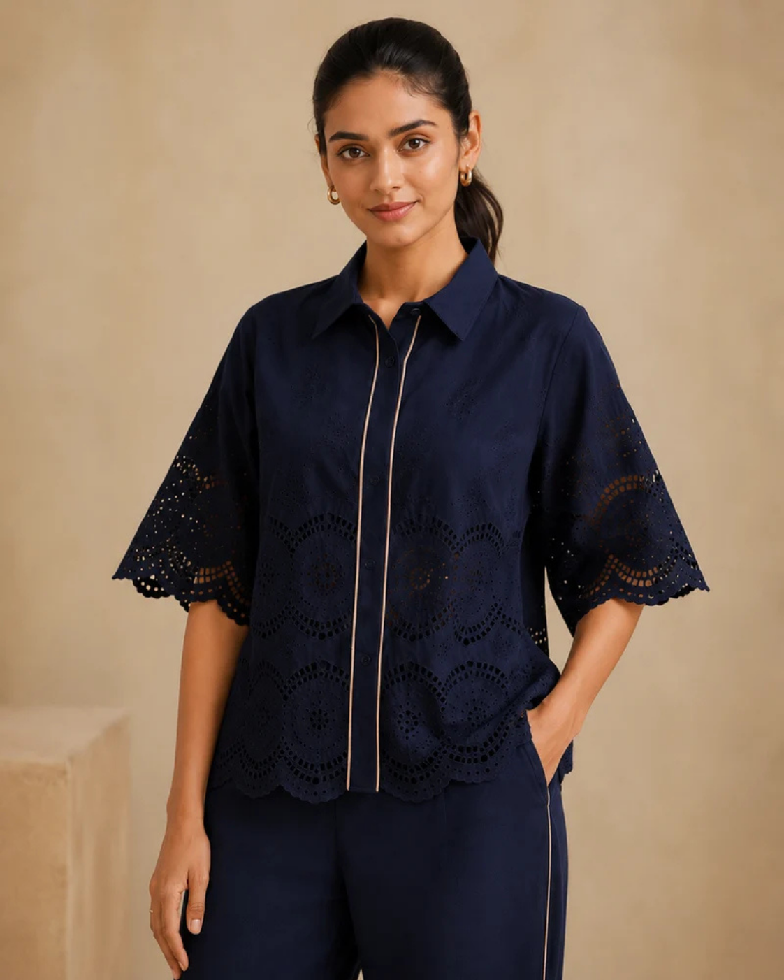 The Marlowe Navy Eyelet Shirt & Trouser Set | 24-Hr Dispatch