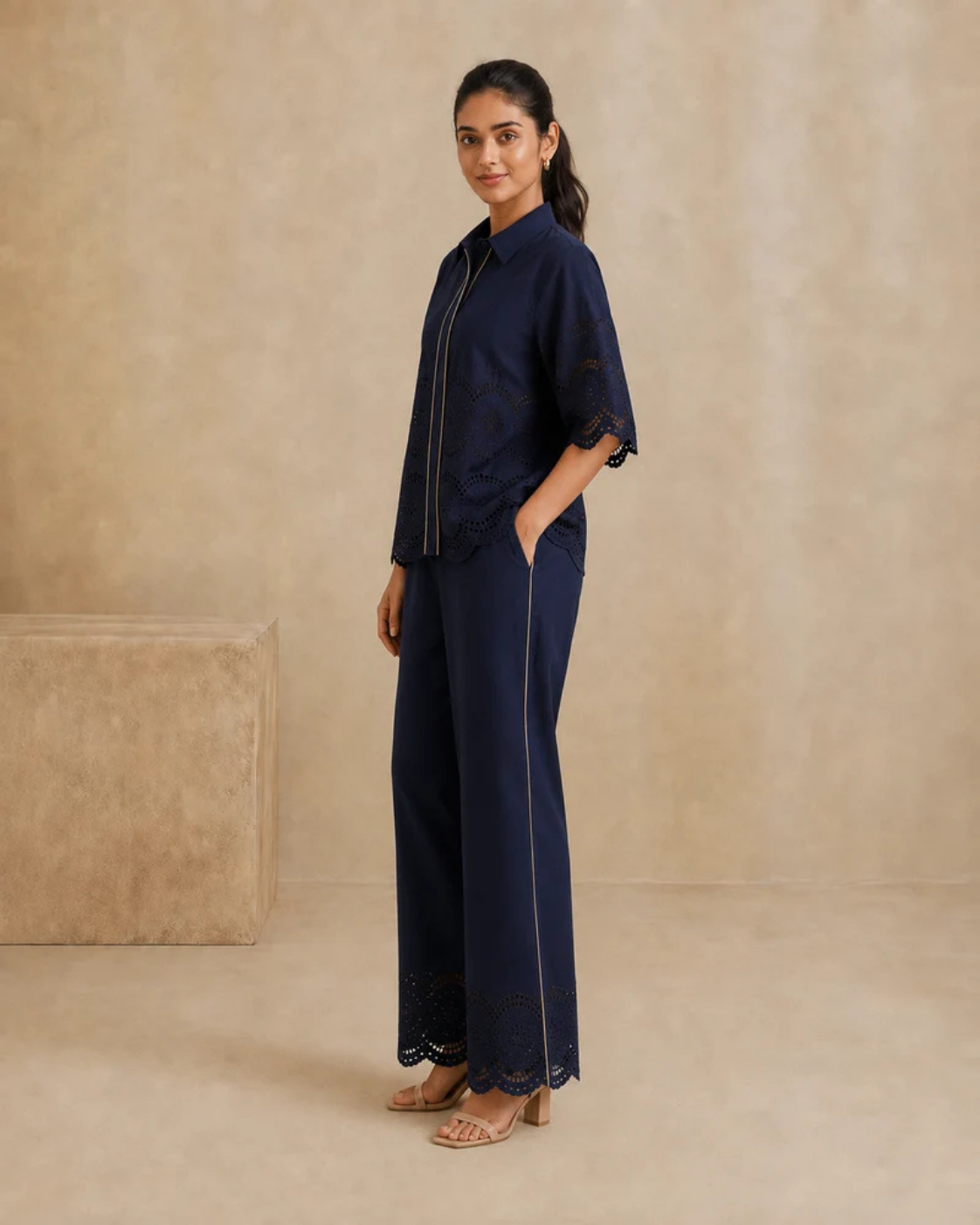 The Marlowe Navy Eyelet Shirt & Trouser Set | 24-Hr Dispatch