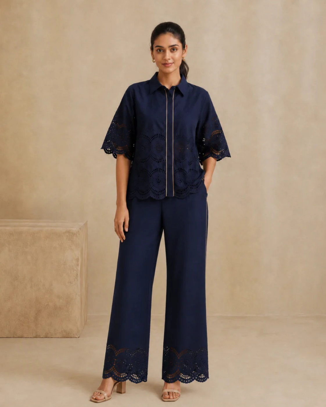 The Marlowe Navy Eyelet Shirt & Trouser Set