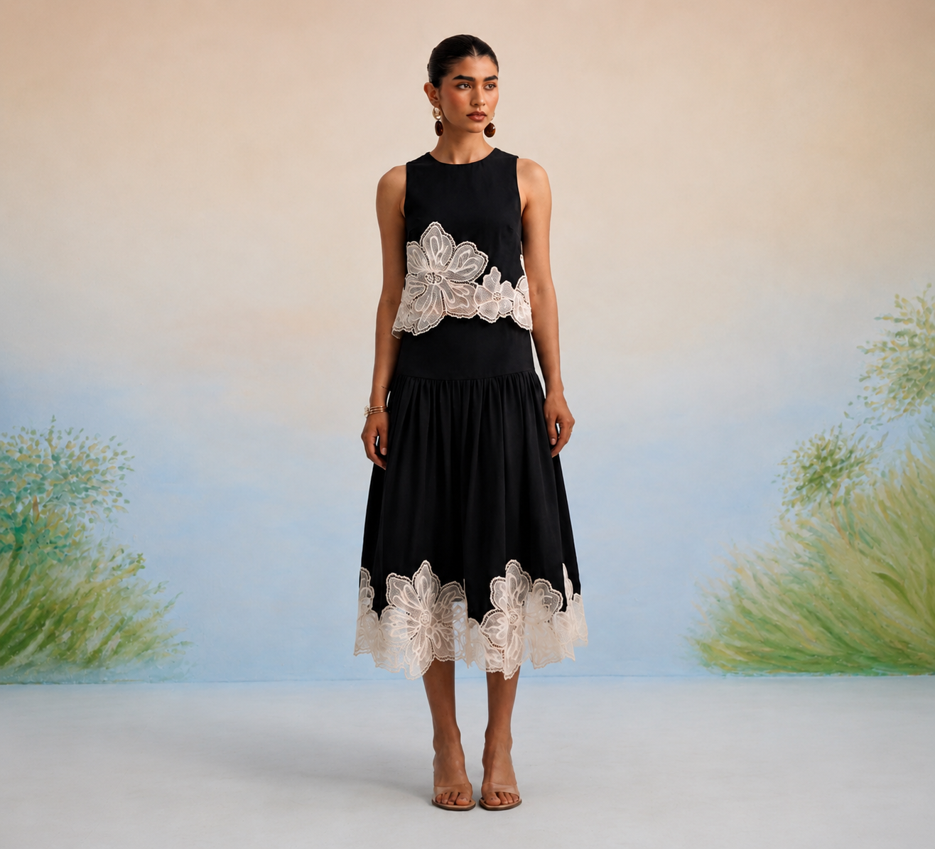 Bulevar Blossom - The Vienna Black Floral Appliqué Skirt Set