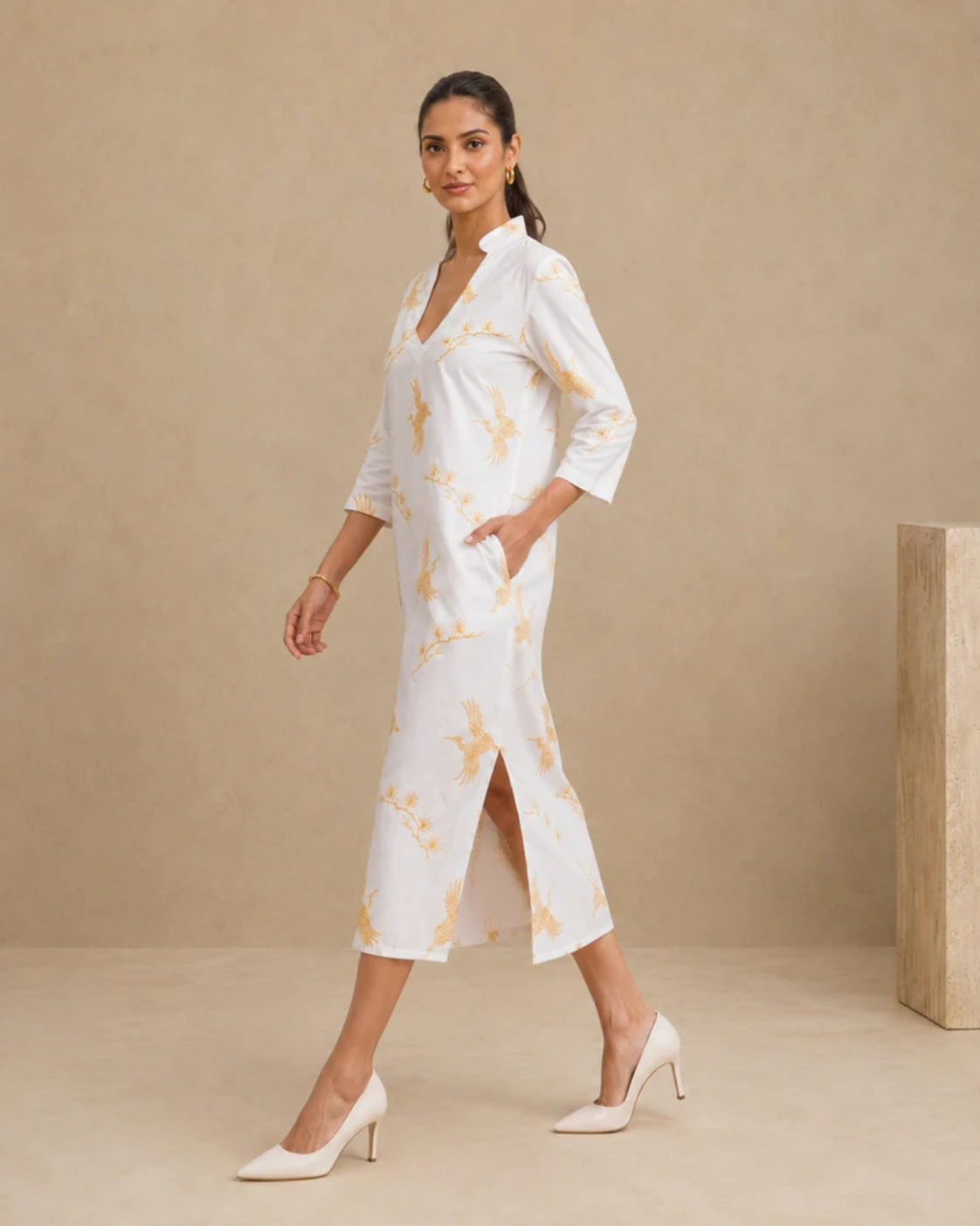 Sunset Soiree - The Gilded Crane White V-Neck Tunic Dress