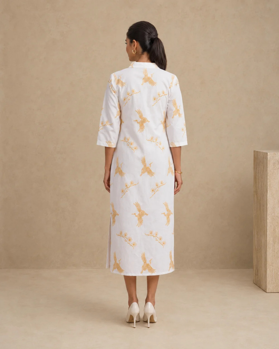 Sunset Soiree - The Gilded Crane White V-Neck Tunic Dress