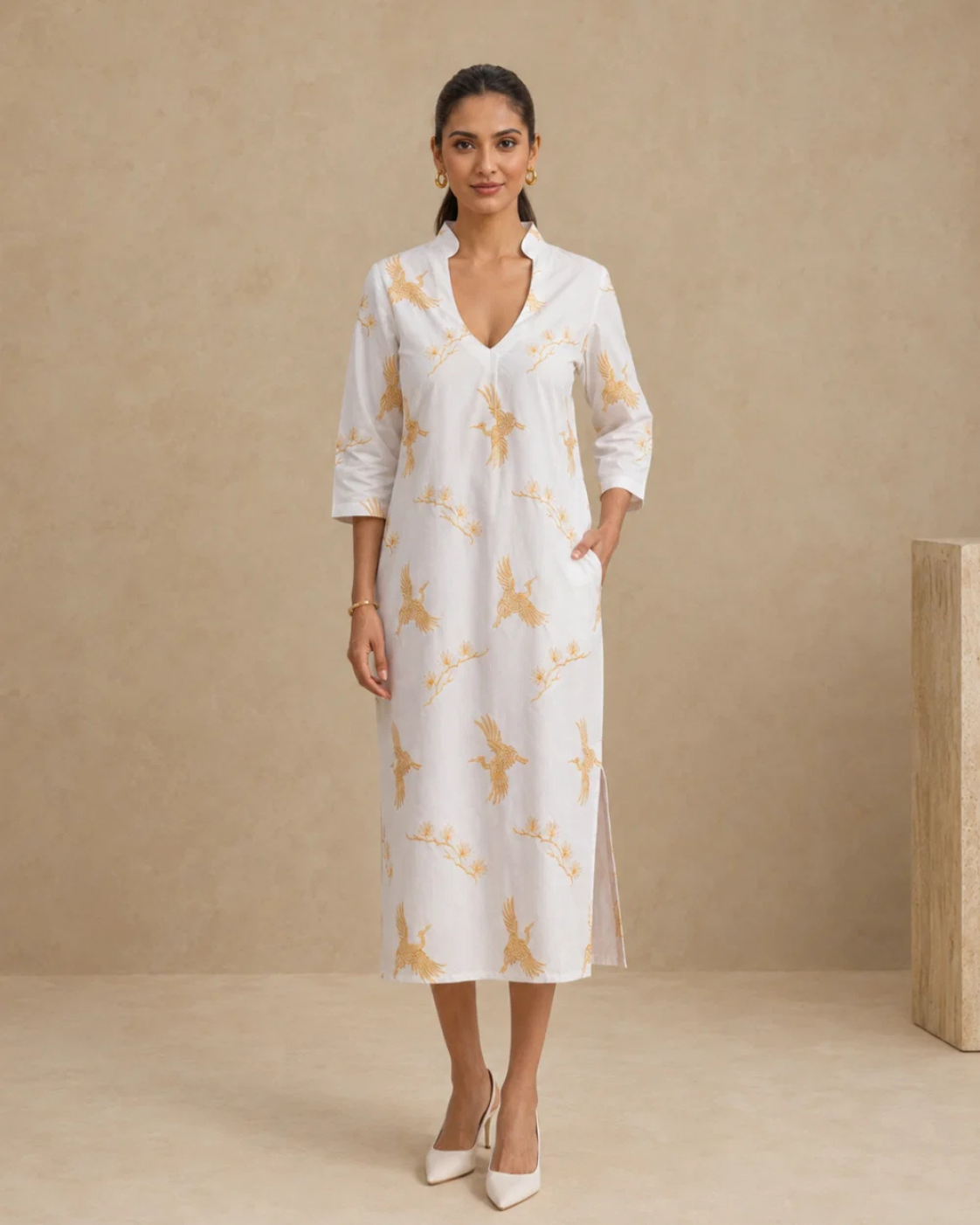 Sunset Soiree - The Gilded Crane White V-Neck Tunic Dress
