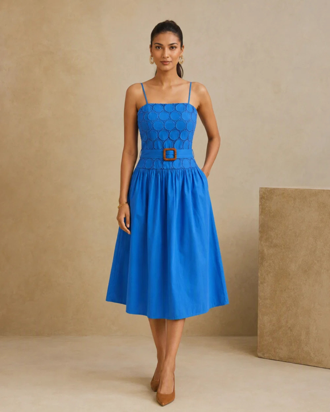 Sunset Soiree - The Cobalt Circular Eyelet Fit & Flare Midi Dress