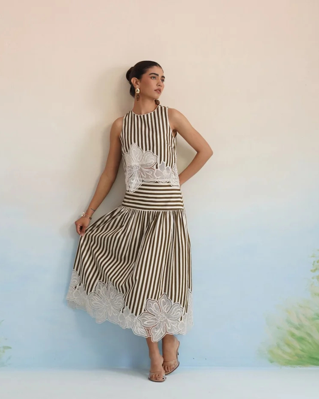 The Olive Stripe Floral Appliqué Ensemble: Two-Piece Skirt Set | 24-Hr Dispatch