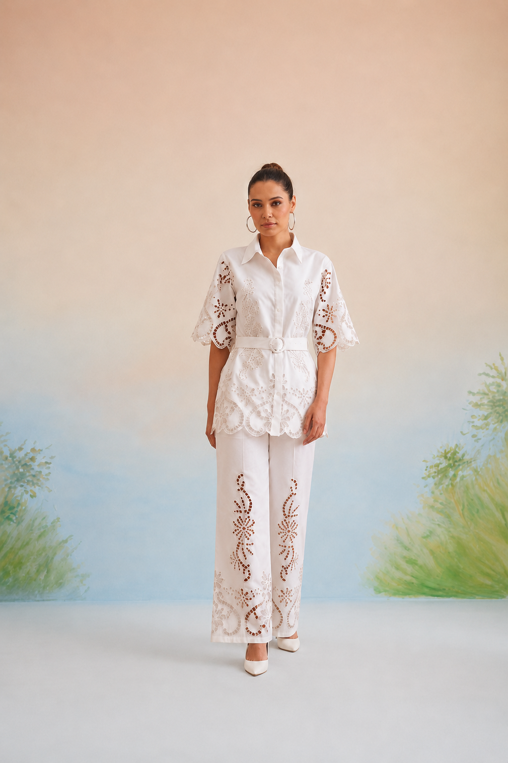 Payal Sewani  in The Casablanca Ivory White Cutwork Shirt & Pant Set