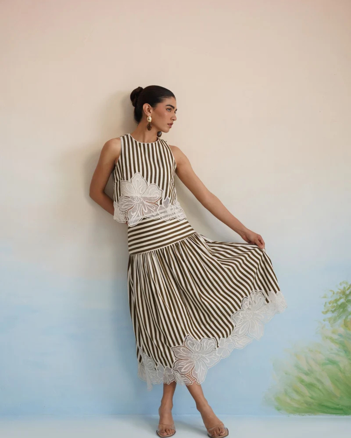 Bulevar Blossom - The Olive Stripe Floral Appliqué Ensemble: Two-Piece Skirt Set