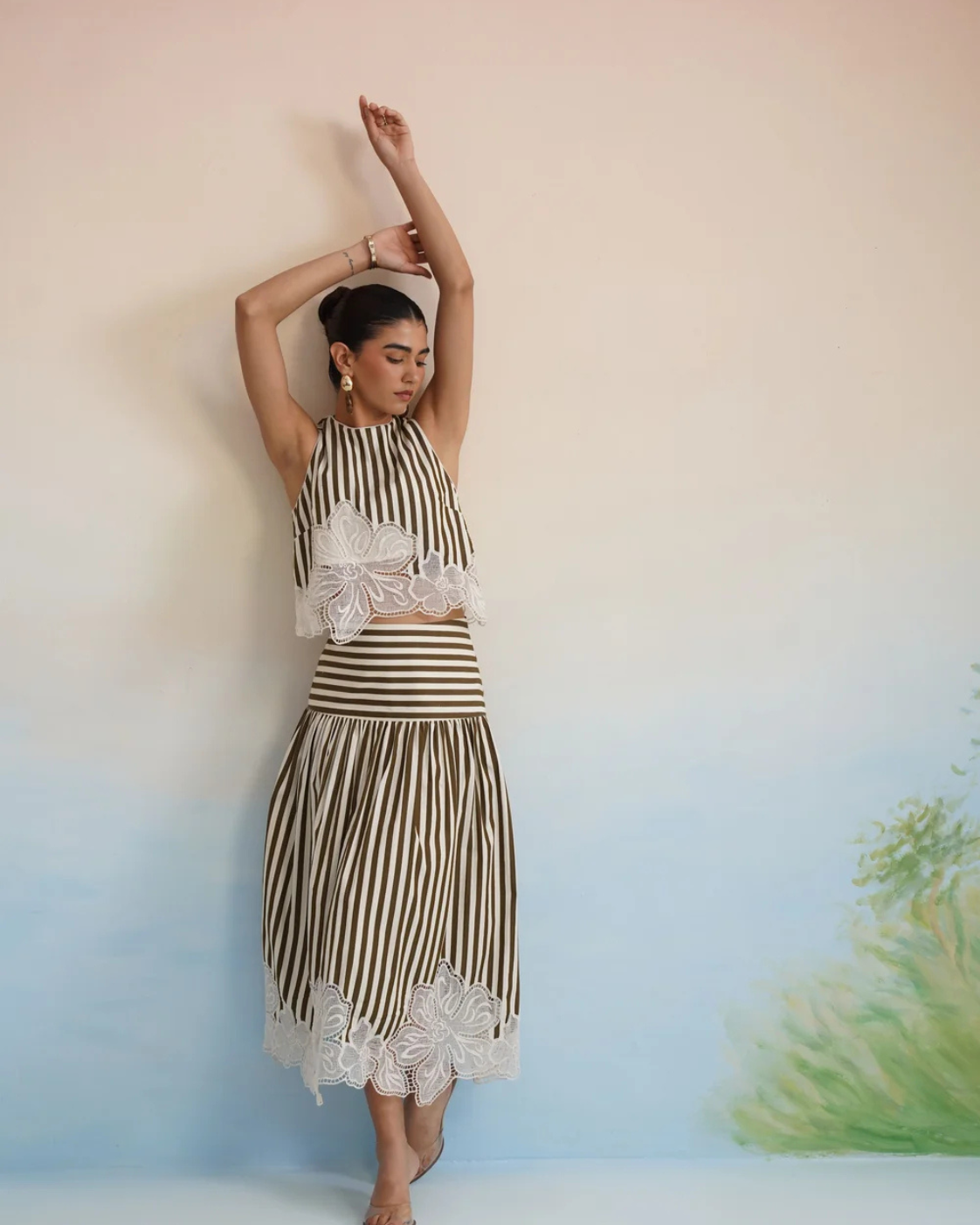 Bulevar Blossom - The Olive Stripe Floral Appliqué Ensemble: Two-Piece Skirt Set