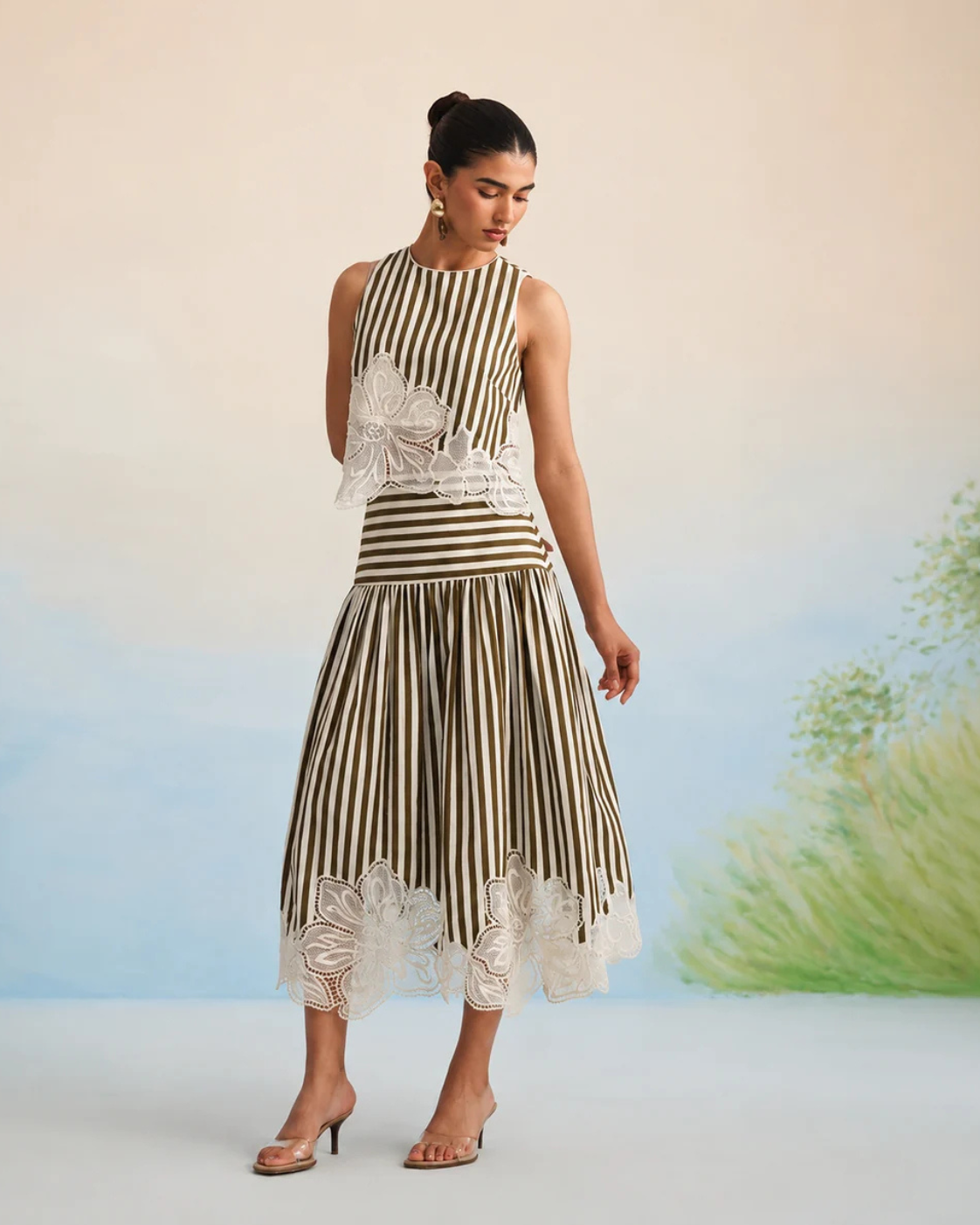 Bulevar Blossom - The Olive Stripe Floral Appliqué Ensemble: Two-Piece Skirt Set
