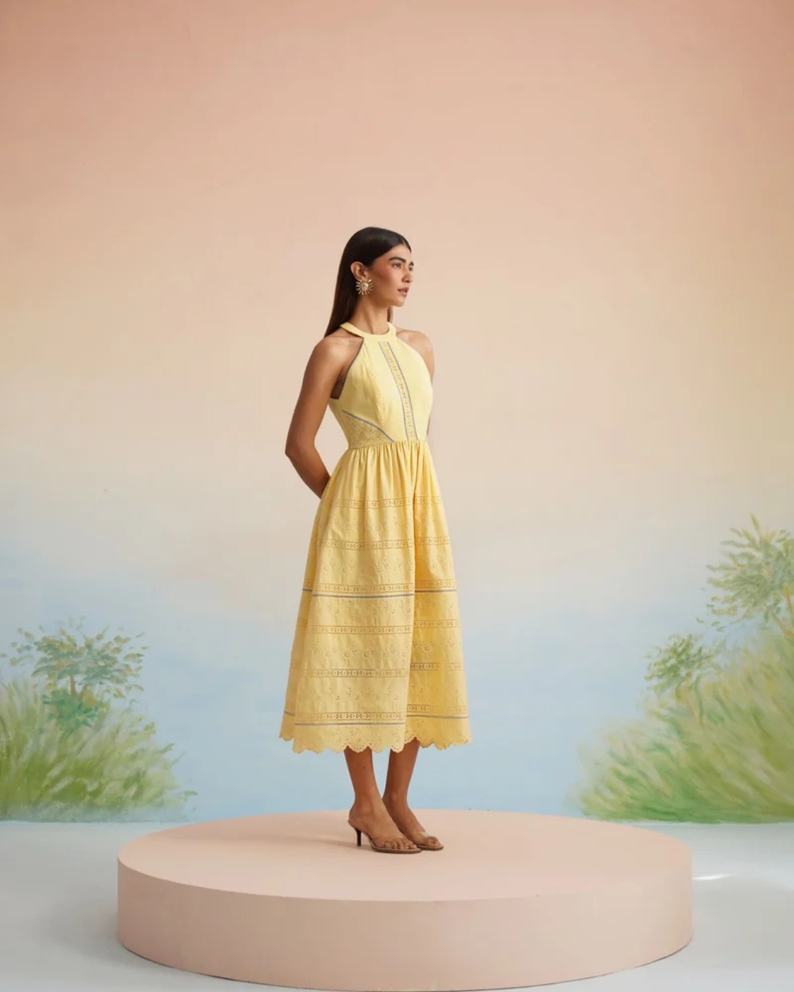 The Bulevar Yellow Eyelet Halter Midi Dress | 24-Hr Dispatch