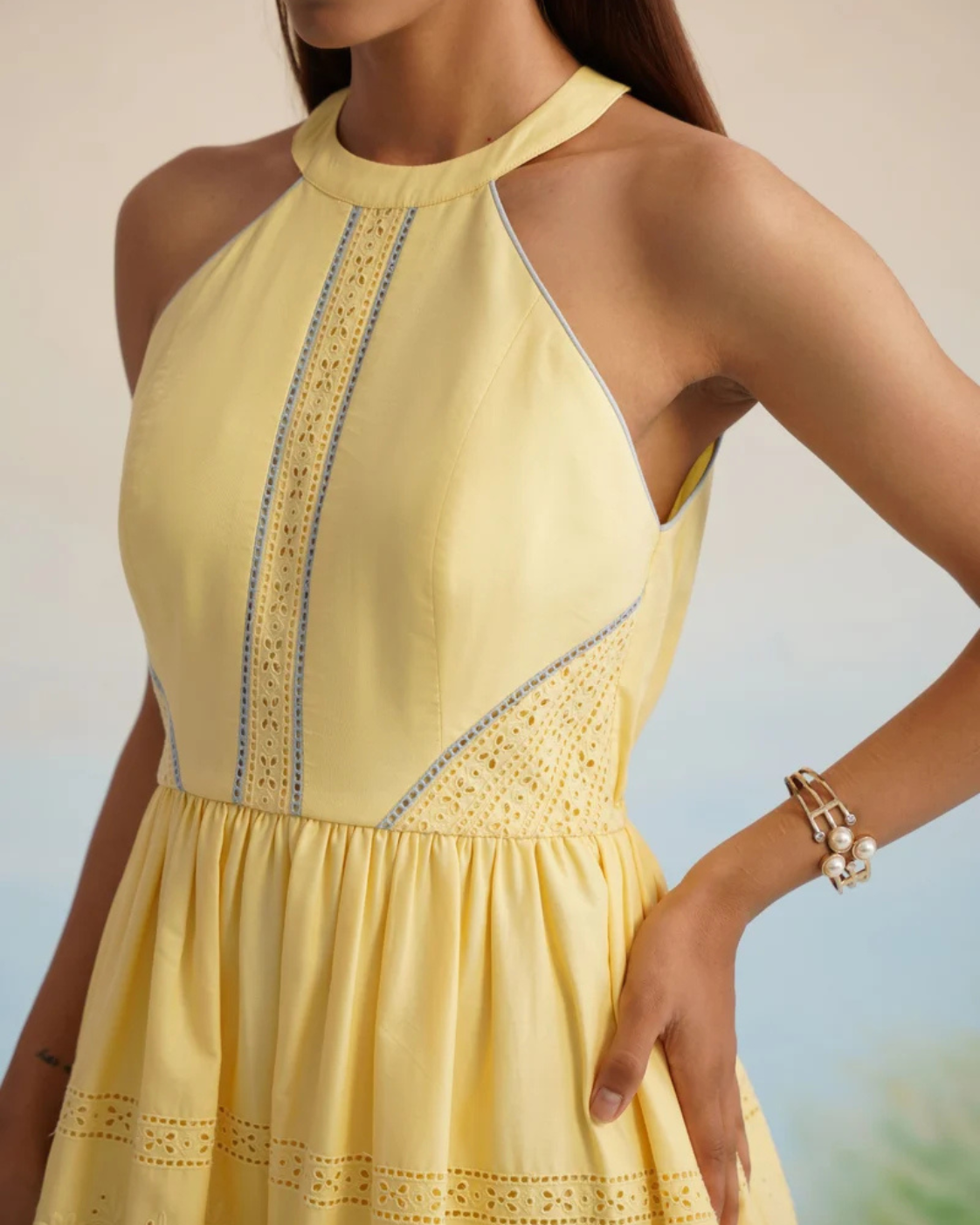 The Bulevar Yellow Eyelet Halter Midi Dress | 24-Hr Dispatch