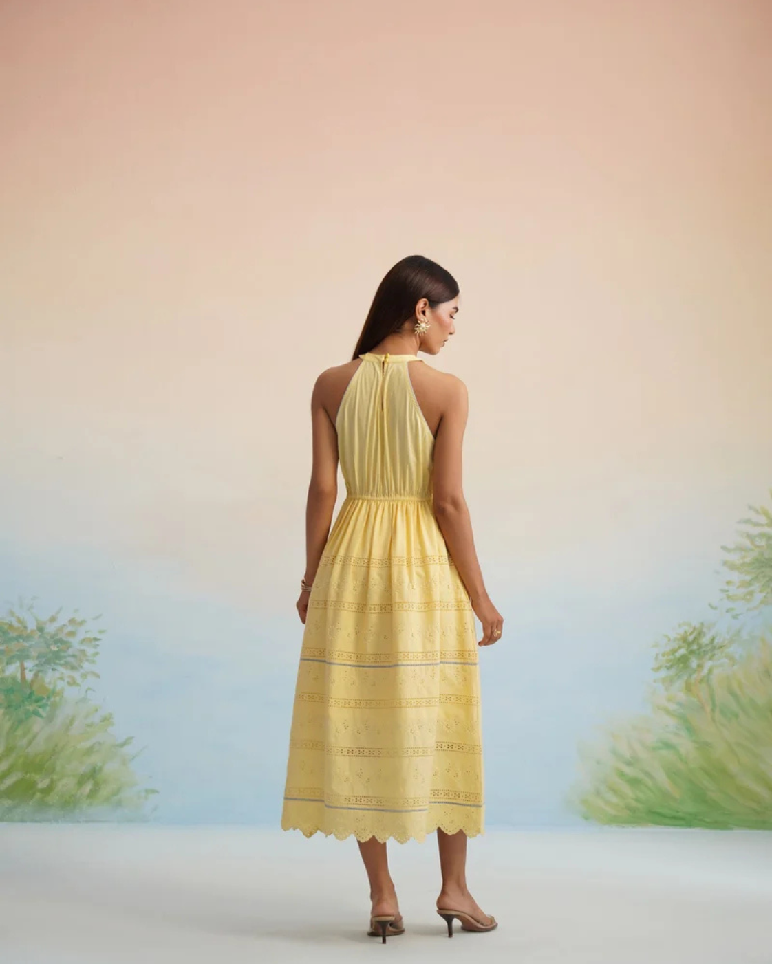 The Bulevar Yellow Eyelet Halter Midi Dress | 24-Hr Dispatch