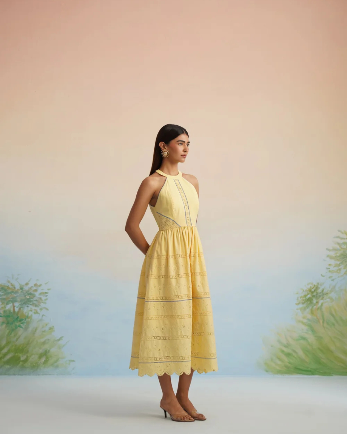 The Bulevar Yellow Eyelet Halter Midi Dress | 24-Hr Dispatch