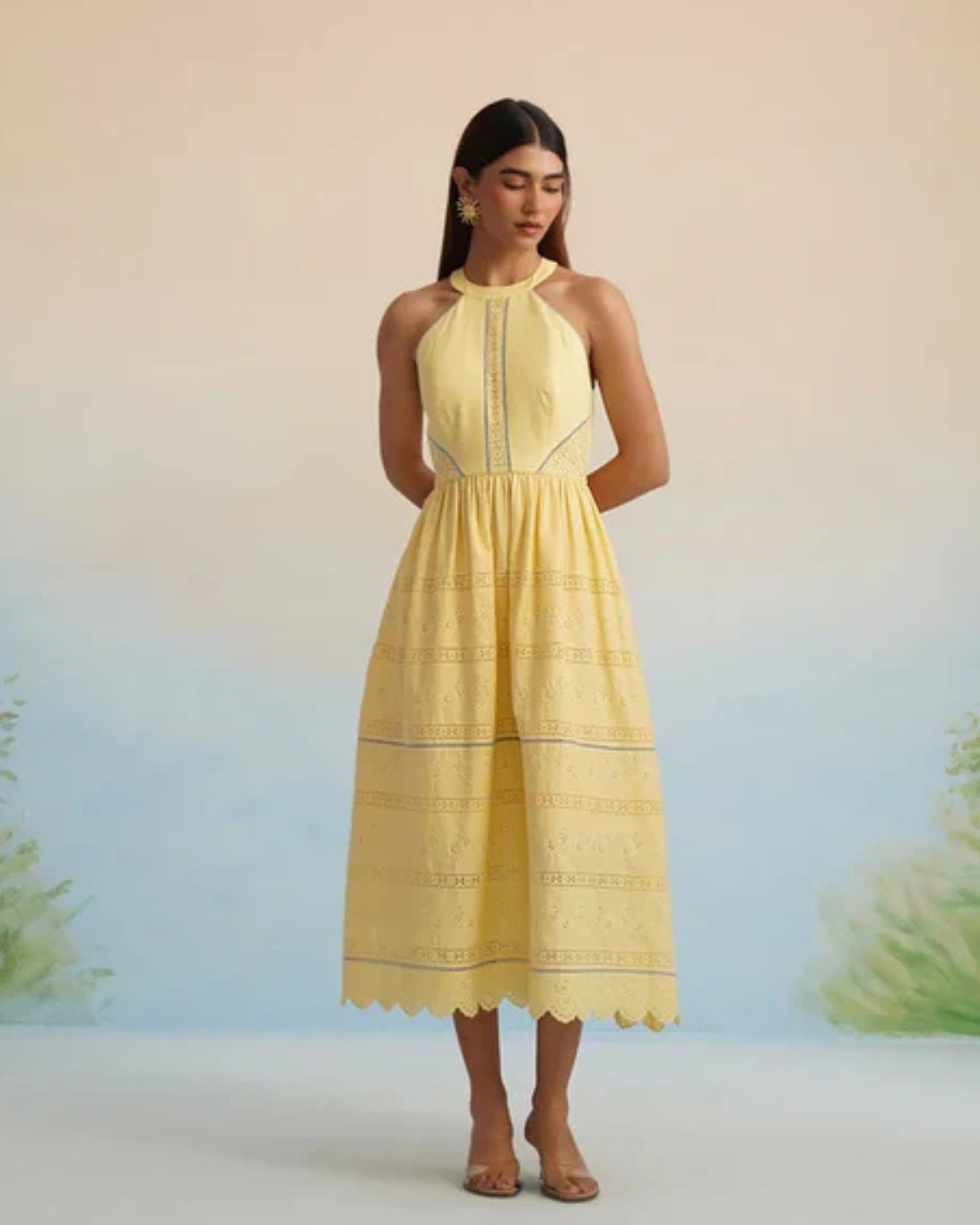 Bulevar Blossom - The Bulevar Yellow Eyelet Halter Midi Dress
