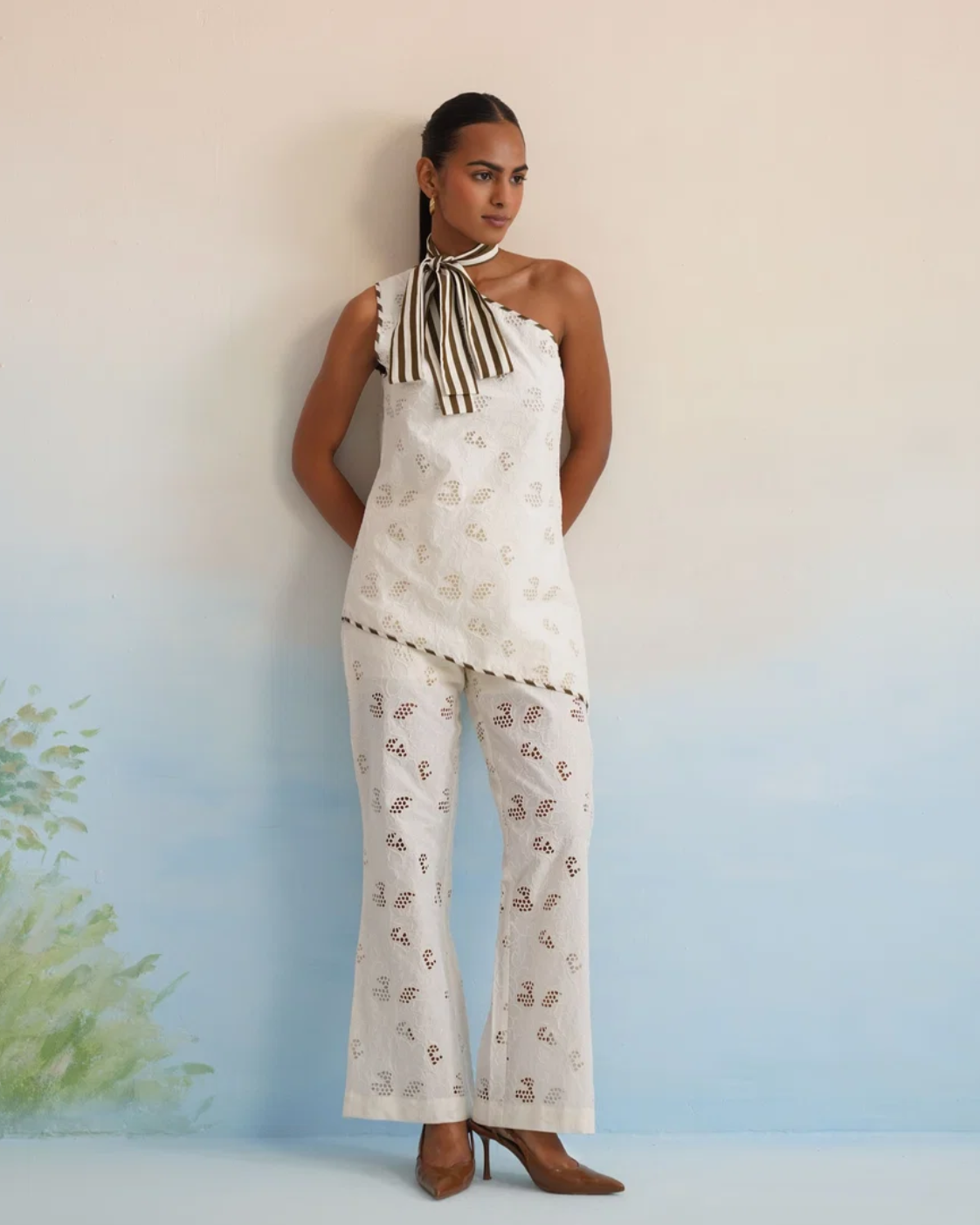 Bulevar Blossom - The Santorini One-Shoulder Cutwork Pant Set