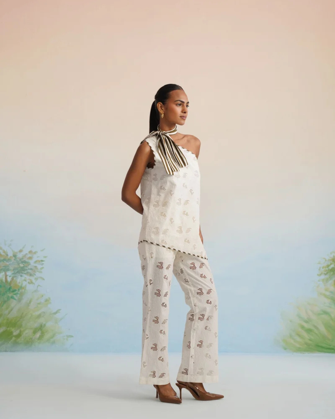 The Santorini One-Shoulder Cutwork Pant Set