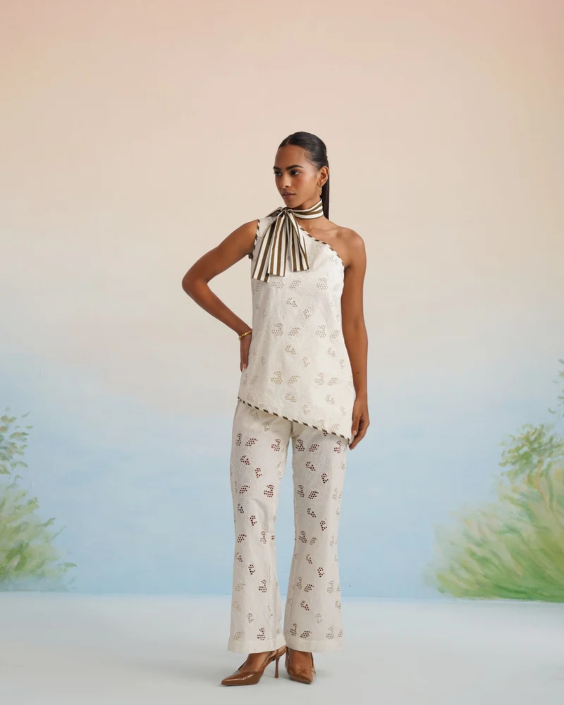 The Santorini One-Shoulder Cutwork Pant Set