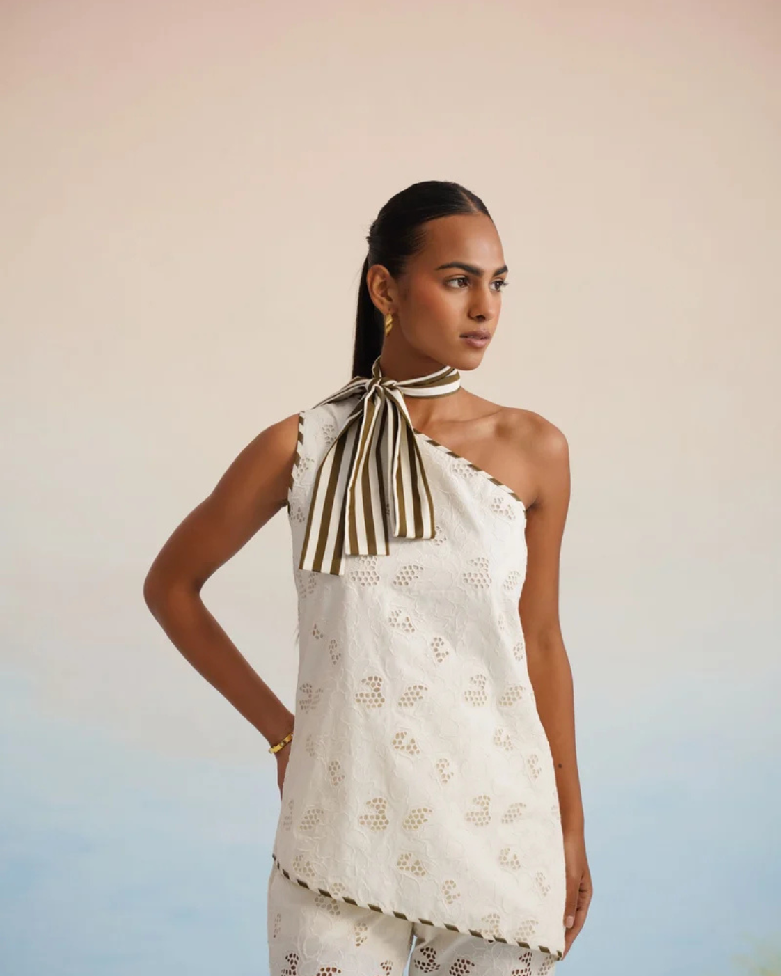 The Santorini One-Shoulder Cutwork Pant Set