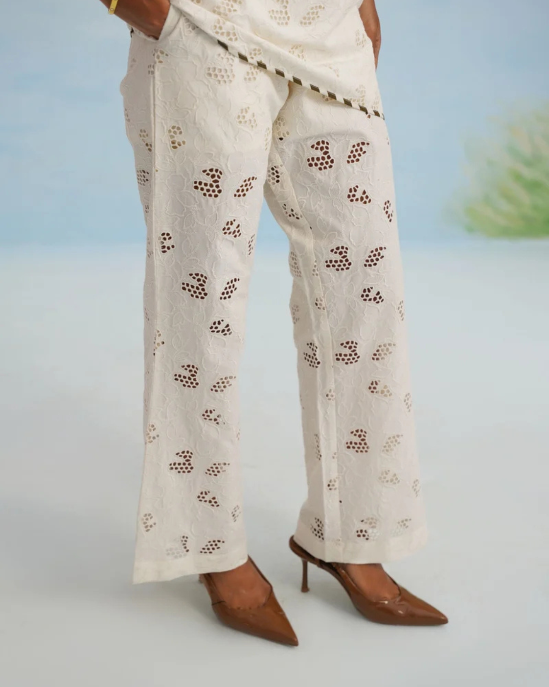 The Santorini One-Shoulder Cutwork Pant Set