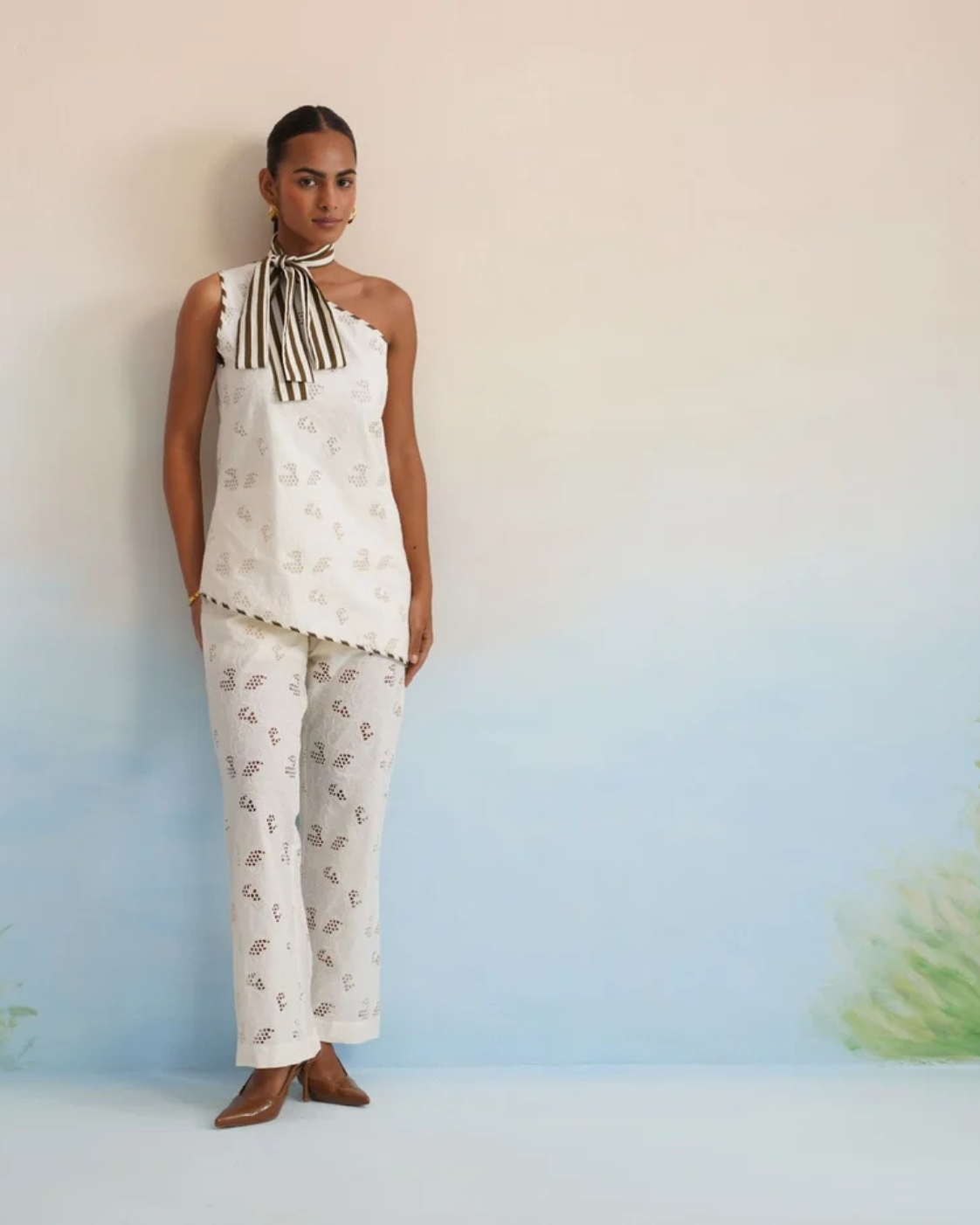 The Santorini One-Shoulder Cutwork Pant Set