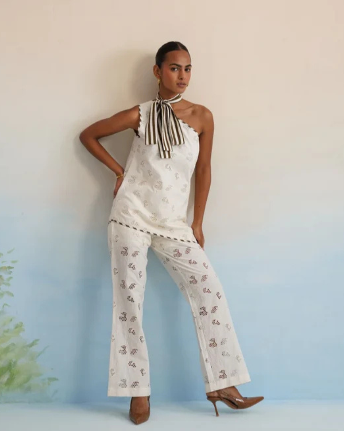 The Santorini One-Shoulder Cutwork Pant Set