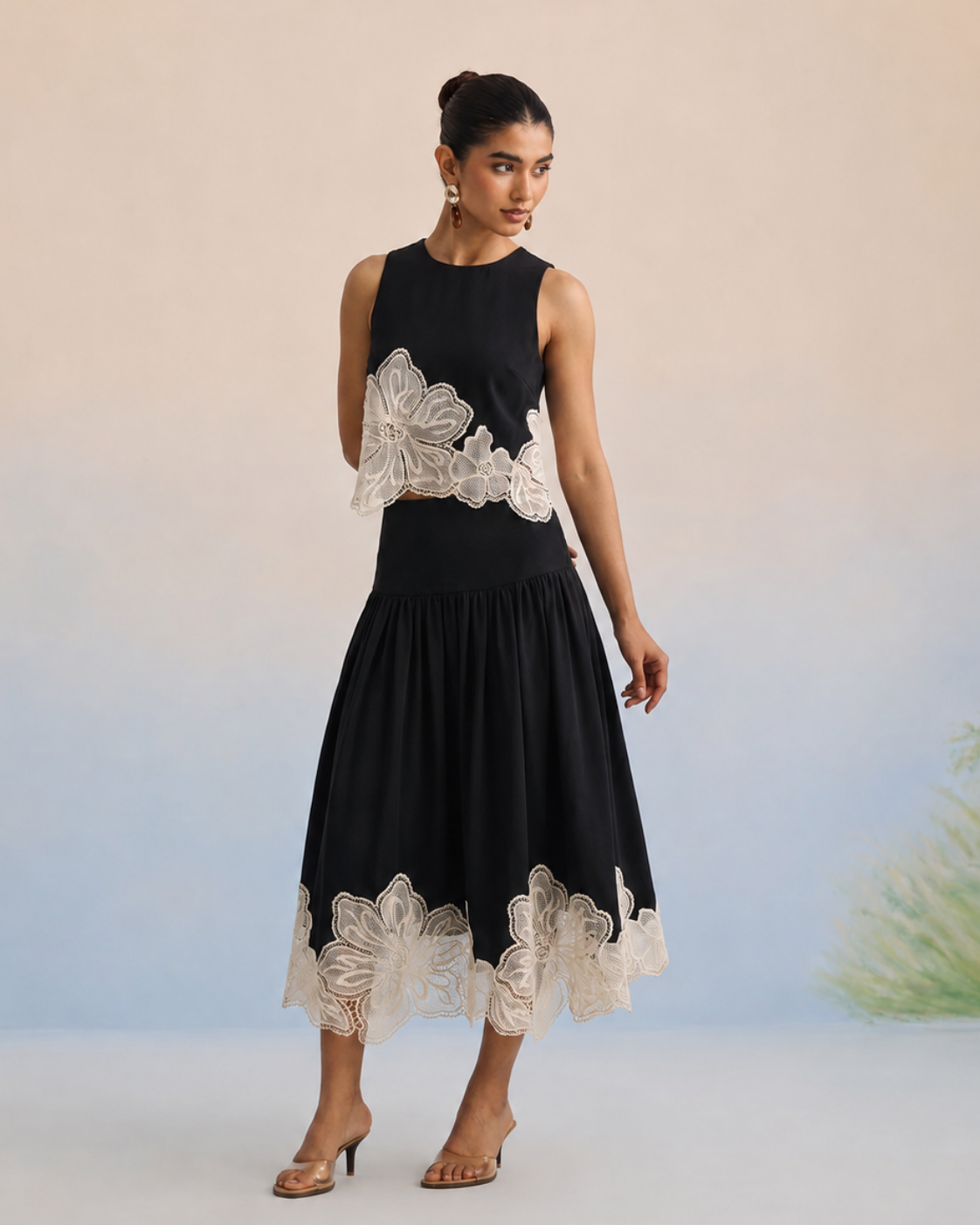 Bulevar Blossom - The Vienna Black Floral Appliqué Skirt Set