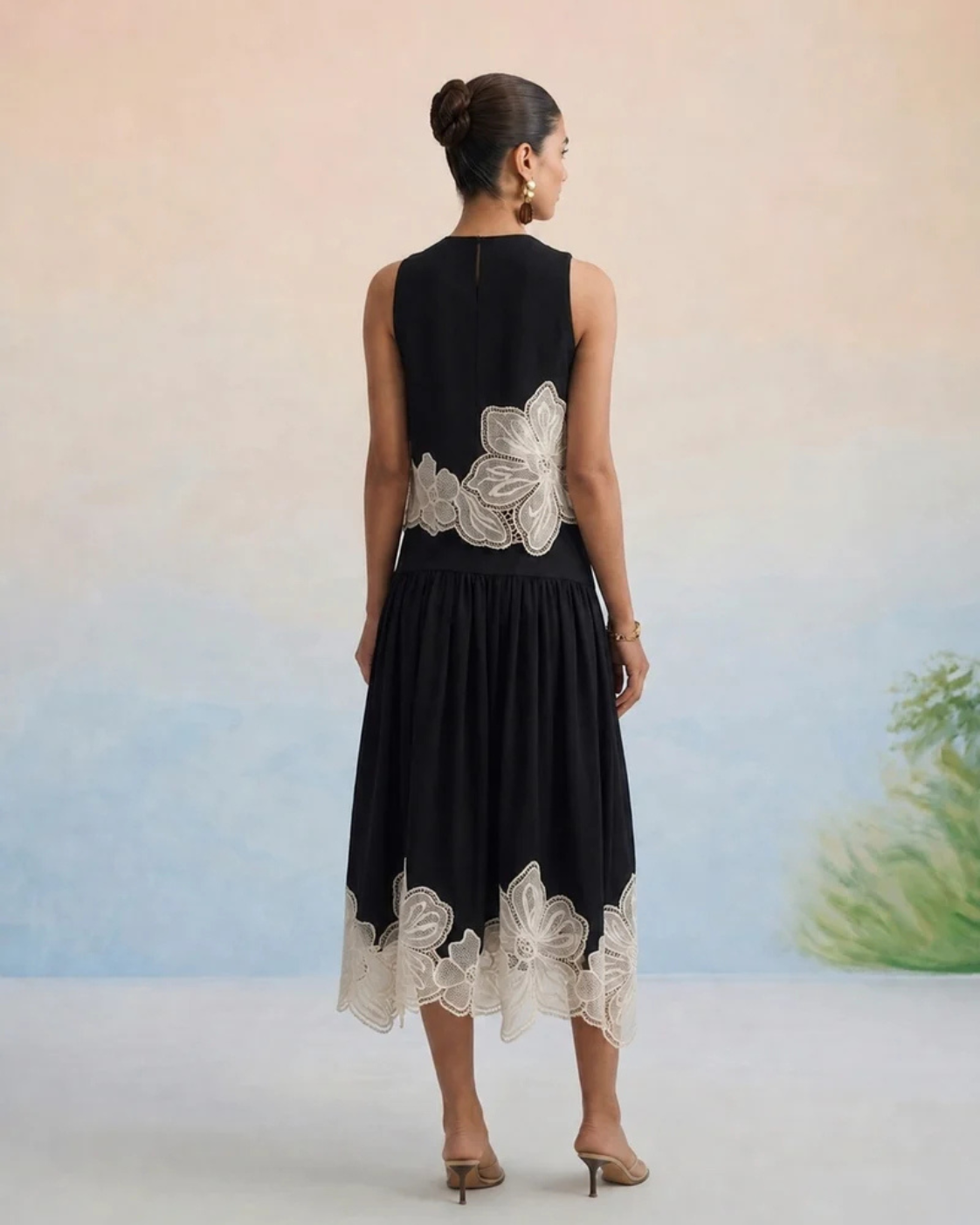 The Vienna Black Floral Appliqué Skirt Set