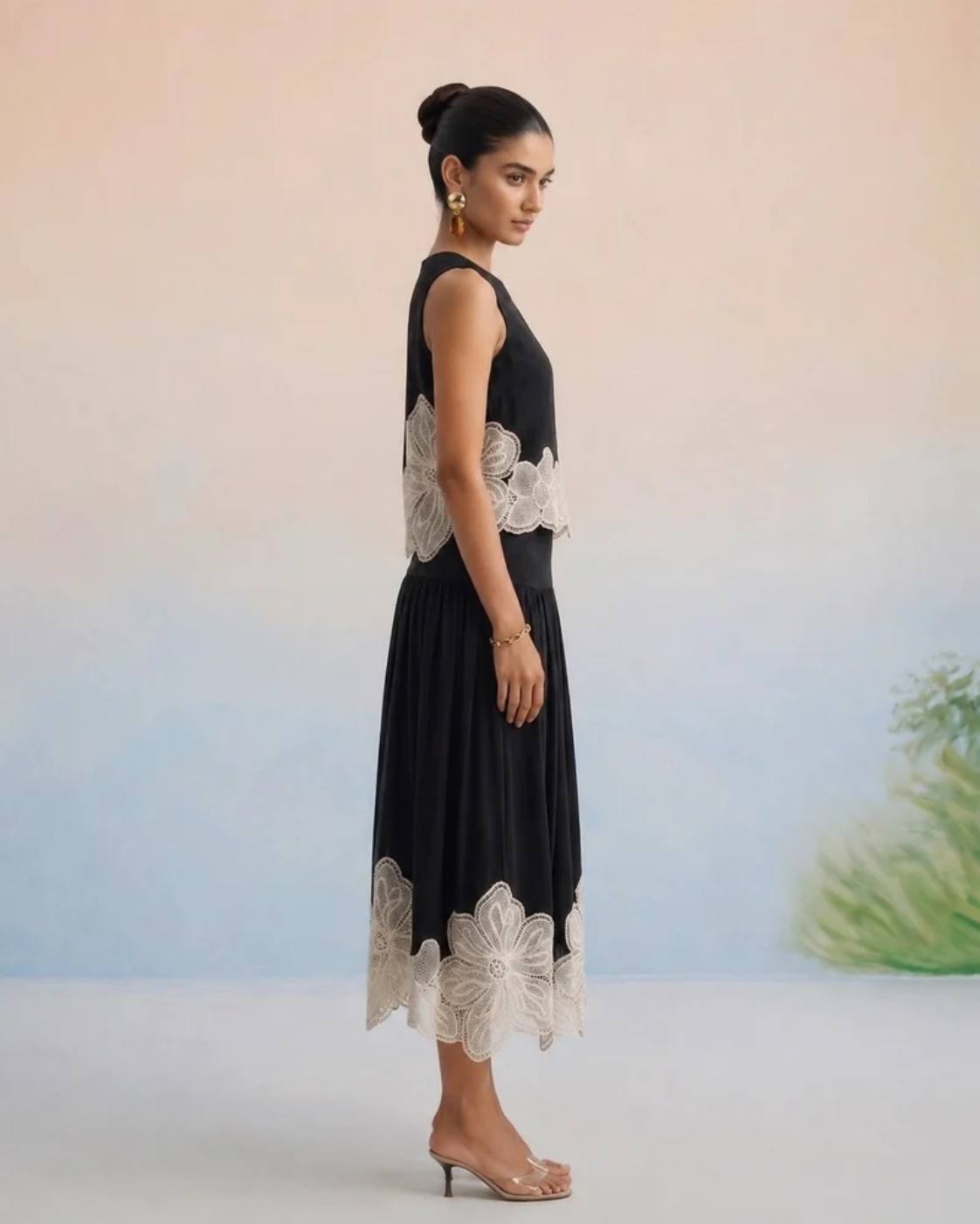 The Vienna Black Floral Appliqué Skirt Set