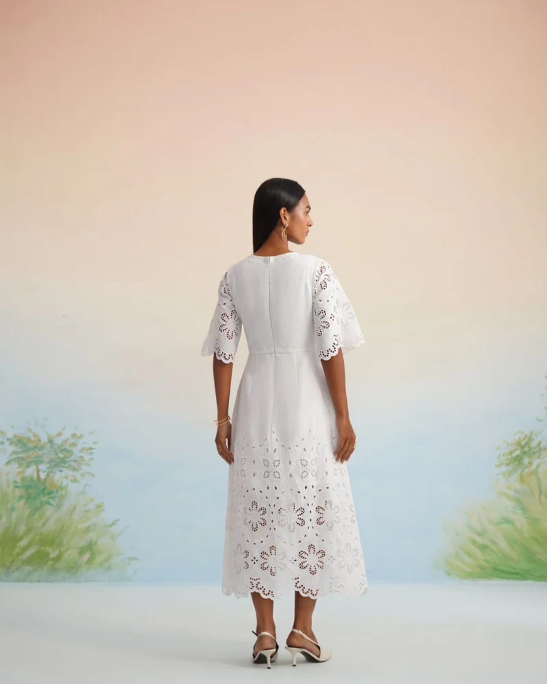 The Jasmine Blossom White Eyelet Midi Dress