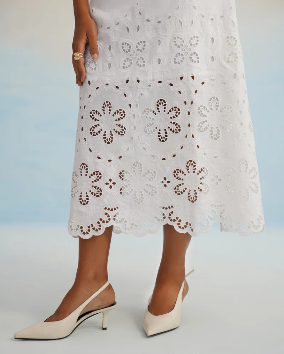The Jasmine Blossom White Eyelet Midi Dress
