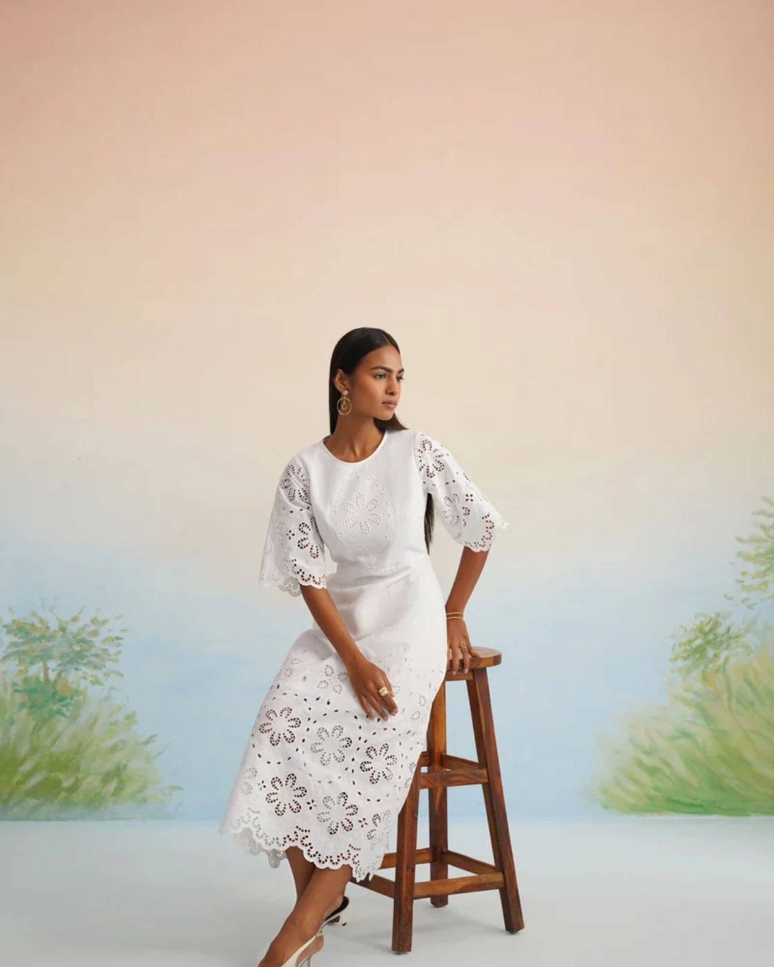 The Jasmine Blossom White Eyelet Midi Dress
