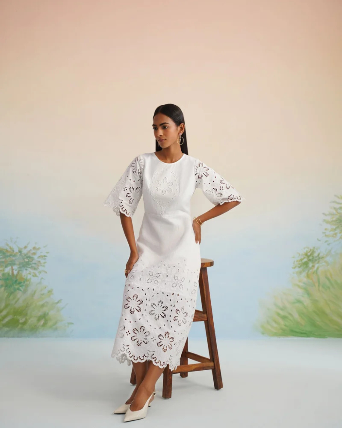 The Jasmine Blossom White Eyelet Midi Dress